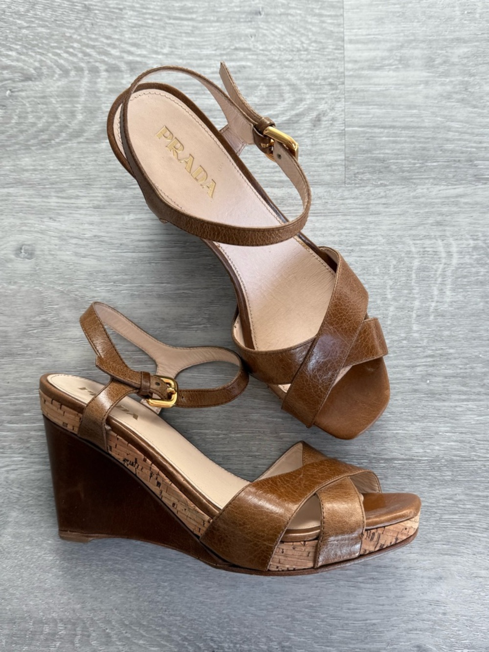 Prada Tan Brown Leather Cork Wedge Sandals
